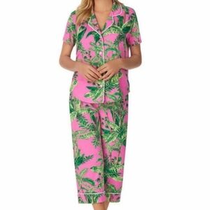 Room Service Palm Print Pajama Set Pink Tropical Button Down Top Shorts Small